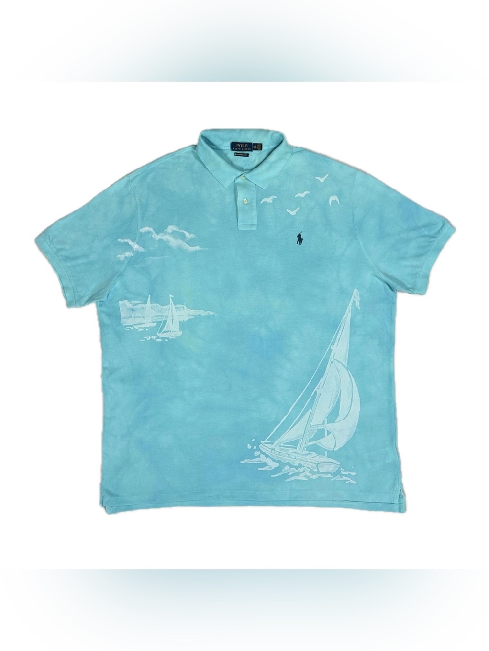 Polo Ralph Lauren Blue Tie Dye Sailboat Print Custom Slim Fit Polo Shirt Men XXL